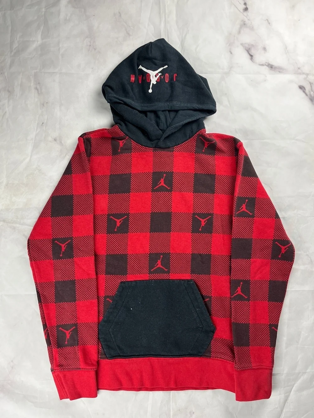 Jordan Red and Black Buffalo Plaid Hoodie with Black Hood